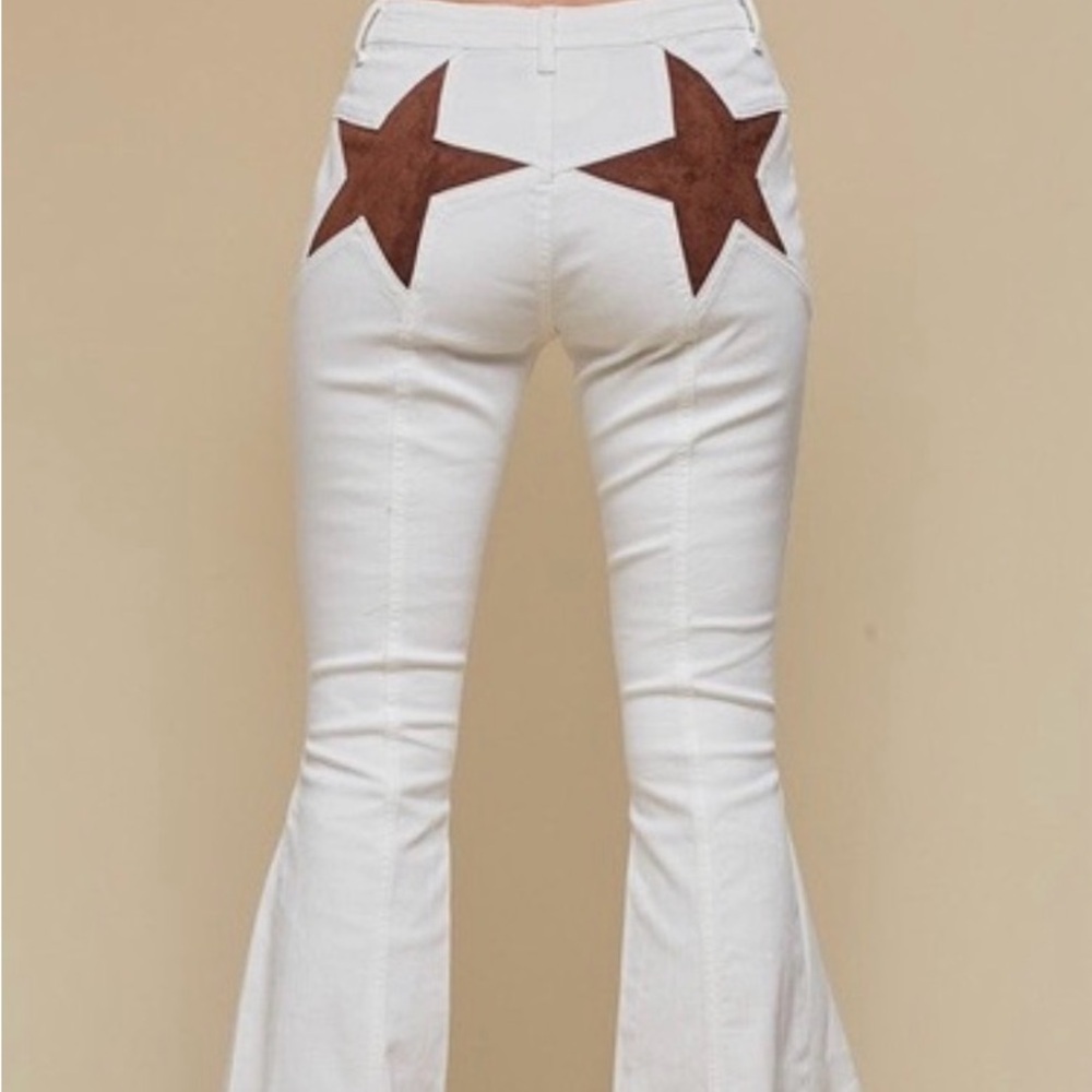 New White Flare Pants with Brown Star Accents